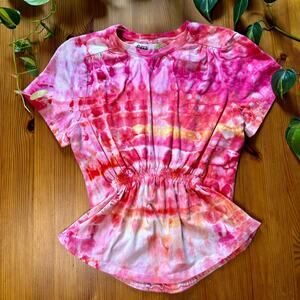 Hand Dyed Pink & Orange T-shirt Fitted Ice Dye Reworked Vintage Upcycled